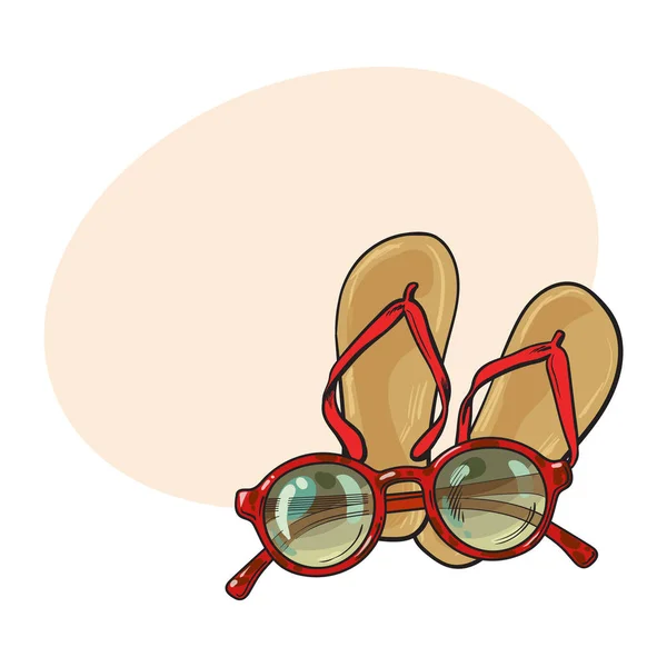 Pair of flip flops and fashionable round sunglasses, beach vacation — Stock Vector