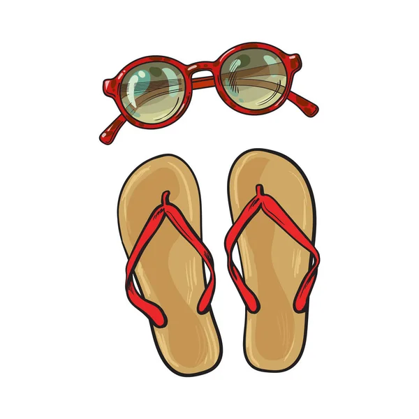 Chinelos e óculos redondos, objetos de verão, atributos de férias — Vetor de Stock