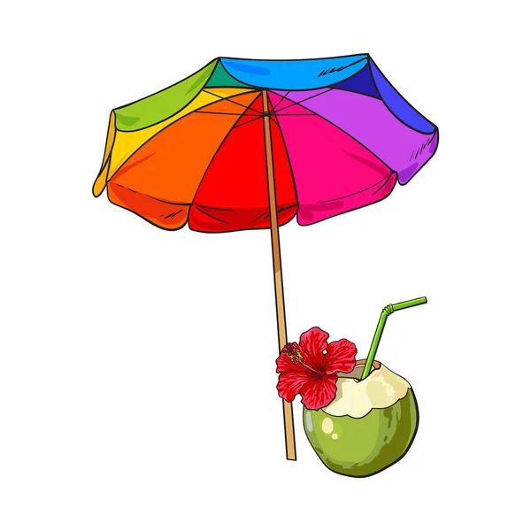 Color arco iris, paraguas abierto de la playa y coctel de coco, bebida — Vector de stock