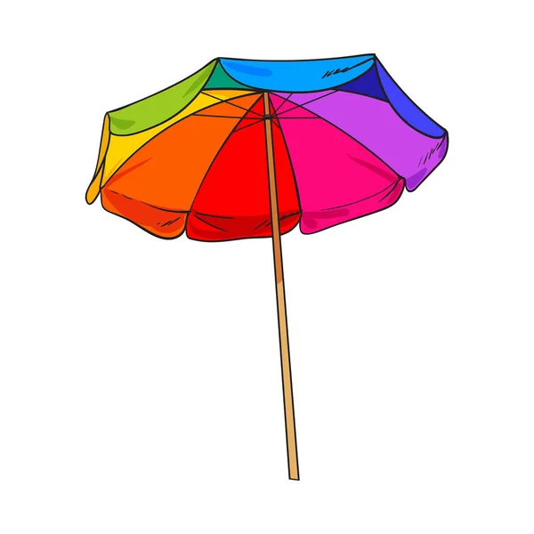 Rainbow colored, open beach umbrella, sketch style vector illustration — Stock Vector