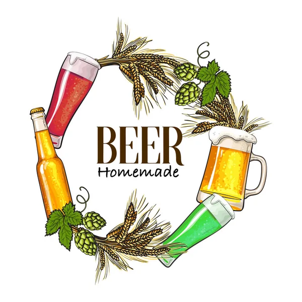 Cadre rond de bouteille de bière, tasse, verre, malt et houblon — Image vectorielle