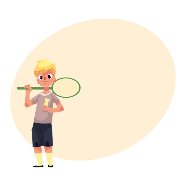 Adolescent caucasien garçon halding badminton raquette et oiseau — Image vectorielle