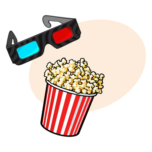 Объекты кино - попкорн и 3D, стереоскопические очки — стоковый вектор
