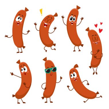 Cute, funny sausage characters with human face showing different emotions clipart