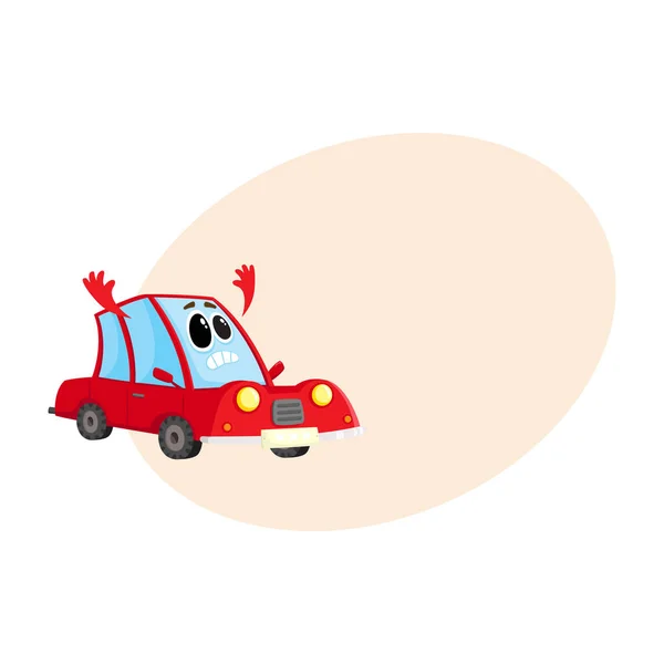 Voiture rouge, personnage automobile brandissant les bras dans la consternation, le désespoir — Image vectorielle