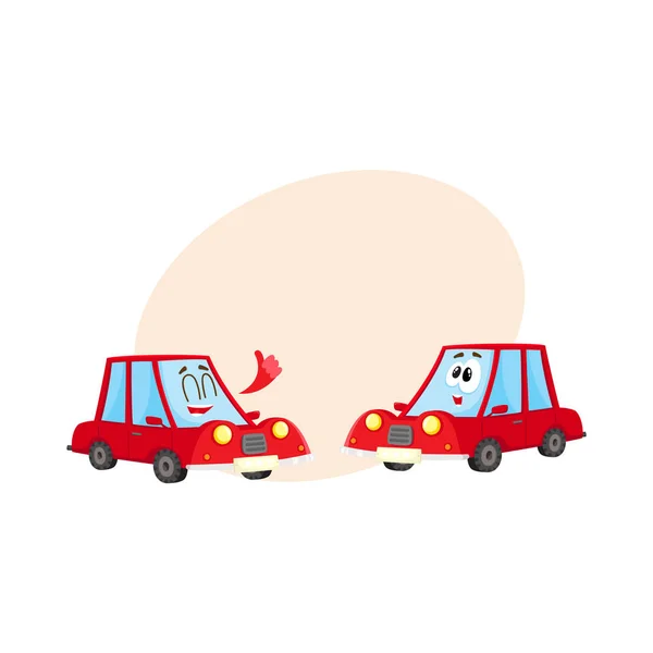İki kırmızı araba karakter, bir gösteren başparmak yukarı, başka sürpriz — Stok Vektör