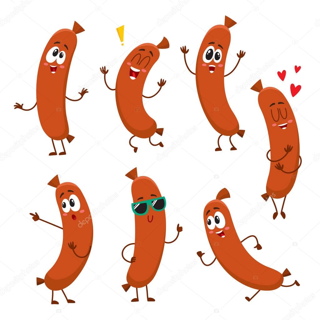 Cute, funny sausage characters with human face showing different