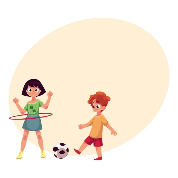 男孩和女孩踢足球和纺纱呼啦圈在操场上 — 图库矢量图片