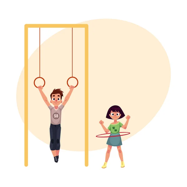 Friends at playground, hanging on gymnastic rings, spinning hula hoop — Stock Vector