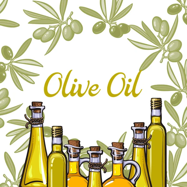 Banner, etiqueta con ramas de olivo, botellas de aceite, lugar para el texto — Vector de stock