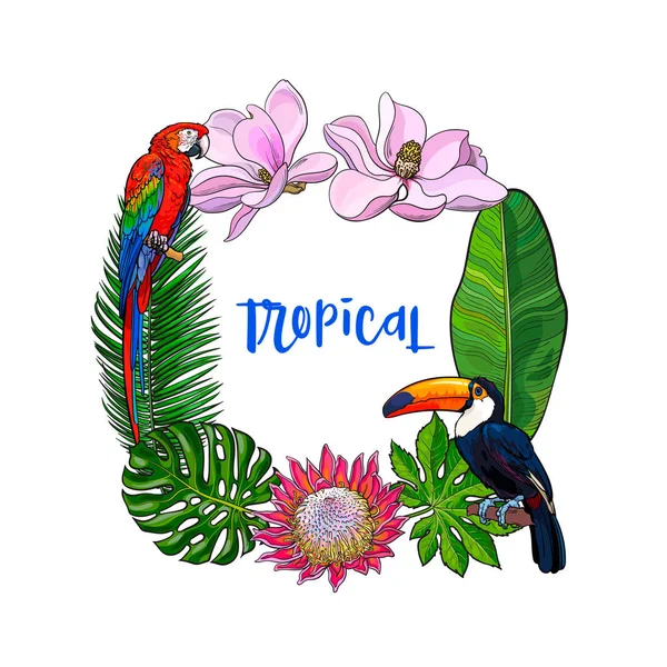 Tropical palm leaves, birds, flowers square frame, place for text