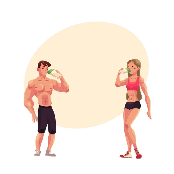 Férfi és nő testépítők, súlyemelők ivás fehérje megráz edzés után — Stock Vector