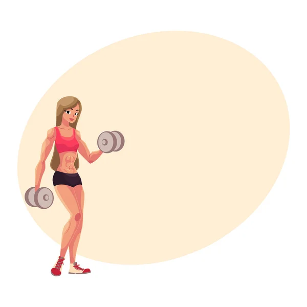 Kvinna kroppsbyggare, tyngdlyftare tränar, utbildning armar med hantlar — Stock vektor