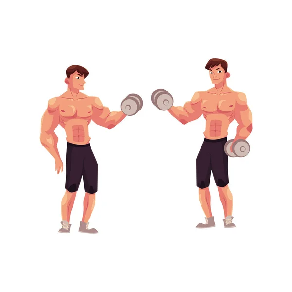 Homem fisiculturista, duas variantes de treino de bíceps, treinamento braço dumbbell —  Vetores de Stock