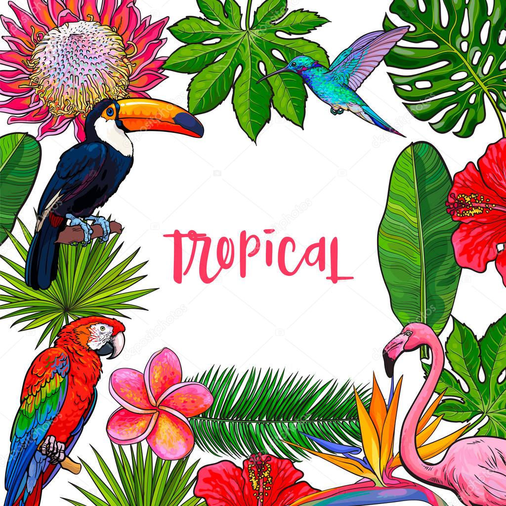 Banner with tropical palm leaves, birds, flowers, place for text