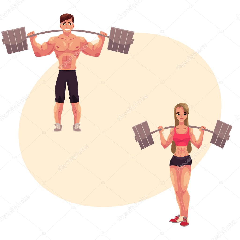 Man and woman bodybuilders, weightlifters working out, training with barbells