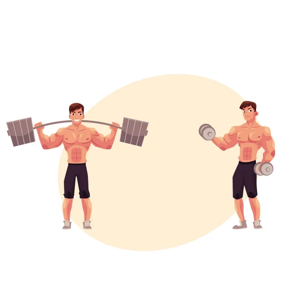 Man bodybuilder, weightlifter working out, training with barbell and dumbbell — Stock Vector