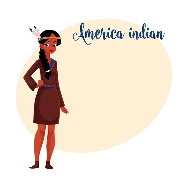 Mulher indiana nativa americana em tradicional, vestido de camisola nacional buckskin — Vetor de Stock