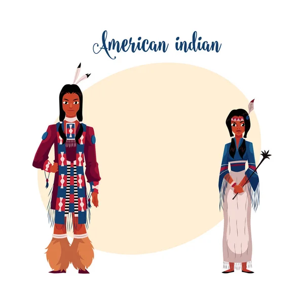 Native American Indian couple in traditional national clothes, fringed shirts — Stock Vector