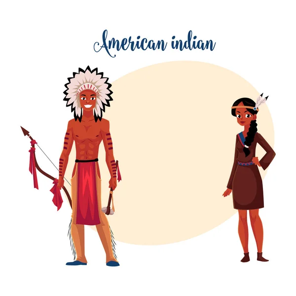 Pareja india nativa americana en vestido de piel de buckskin tradicional y paño de malla — Vector de stock