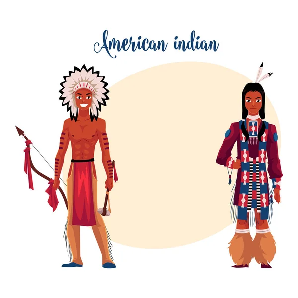 Nativo americano indiana homem sem camisa no penas cobertura para a cabeça, tribal camisa — Vetor de Stock