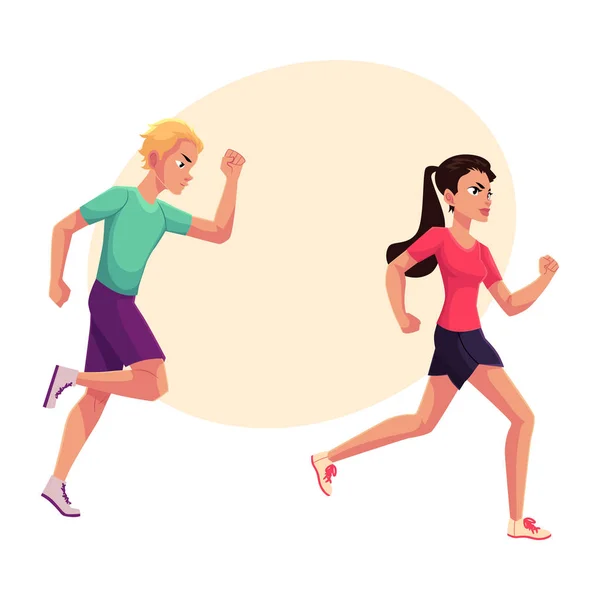 Couple of runners, sprinters running, race, competition, healthy lifestyle concept — Stock Vector