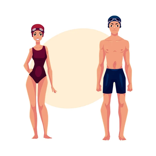 Nadadores, homem e mulher, de fato de banho, bonés — Vetor de Stock