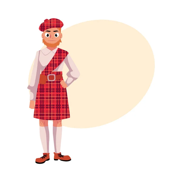 Homem escocês em roupas nacionais, tartan vermelho boina e kilt —  Vetores de Stock