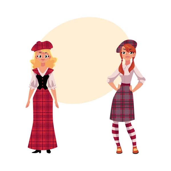 Två skotska kvinnor i nationella kläder, tartan baskrar och kiltar — Stock vektor