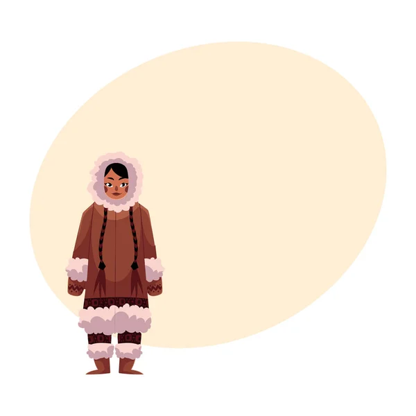エスキモー、イヌイット族の女性は長いハーネスで暖かい冬の服 — ストックベクタ