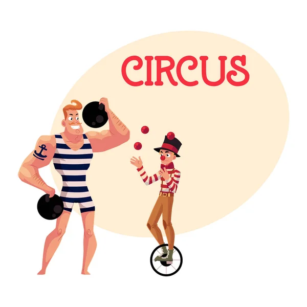Артисты цирка - сильные мужчины и клоуны жонглируют мячами на одноколесном велосипеде — стоковый вектор