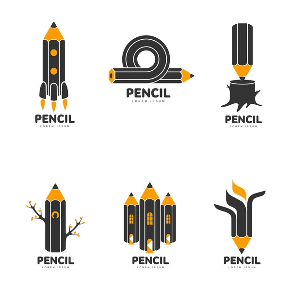 Set of graphic, black, white and yellow pencil logo templates — Stock Vector