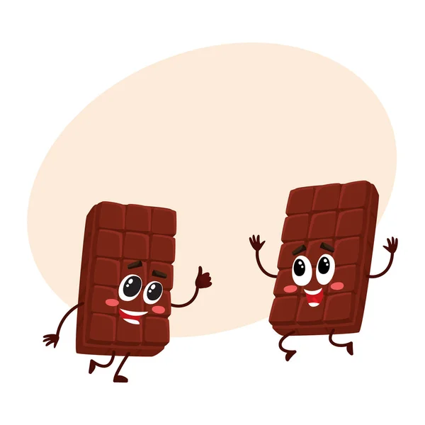 Two funny chocolate bar characters jumping from happiness and excitement — Stock Vector