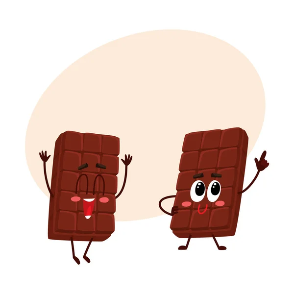 Два смешных персонажа шоколадных батончиков, один с волнением прыгает — стоковый вектор