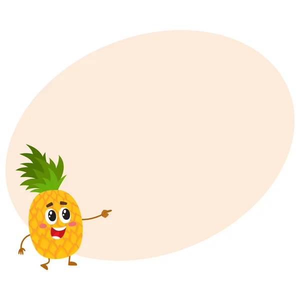 Carino e divertente personaggio ananas, mascotte che punta a qualcosa — Vettoriale Stock