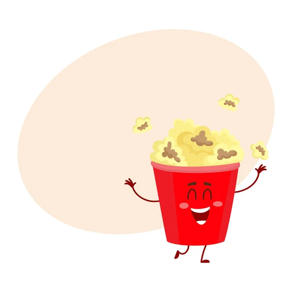 Divertido personaje de cubo de palomitas de maíz de cine con cara humana sonriente — Vector de stock