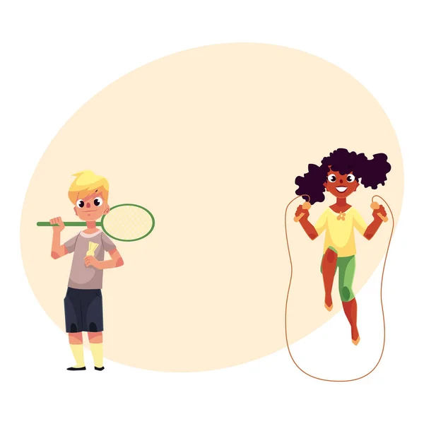 Pojke och flicka med hoppa rep, badmintonracket på lekplats — Stock vektor