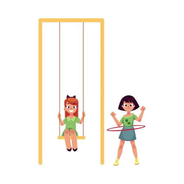 Két lány játszik a játszótér, lengő és spinning hula hoop — Stock Vector