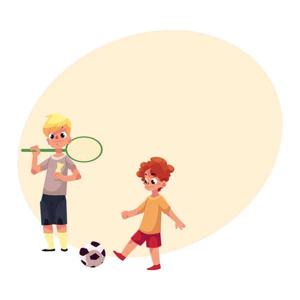 Два мальчика играют в бадминтон и футбол на детской площадке — стоковый вектор