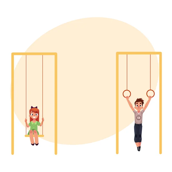 Kids at playground, hanging on gymnastic rings. swinging on swings — Stock Illustration Kids at playground, hanging on gymnastic rings. swinging on swings Royalty Free Stock Vectors