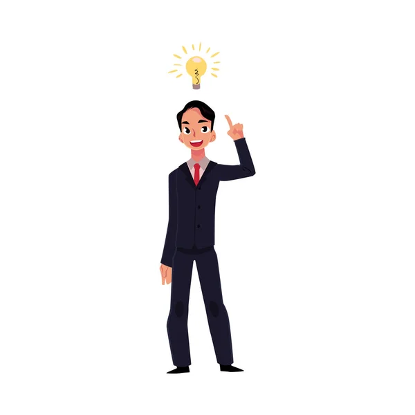 Young businessman having idea, lightbulb as symbol of business insight — Stock Vector