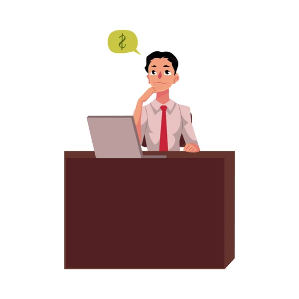 Businessman, manager, financial analyst at office desk, thinking about money — Stock Vector