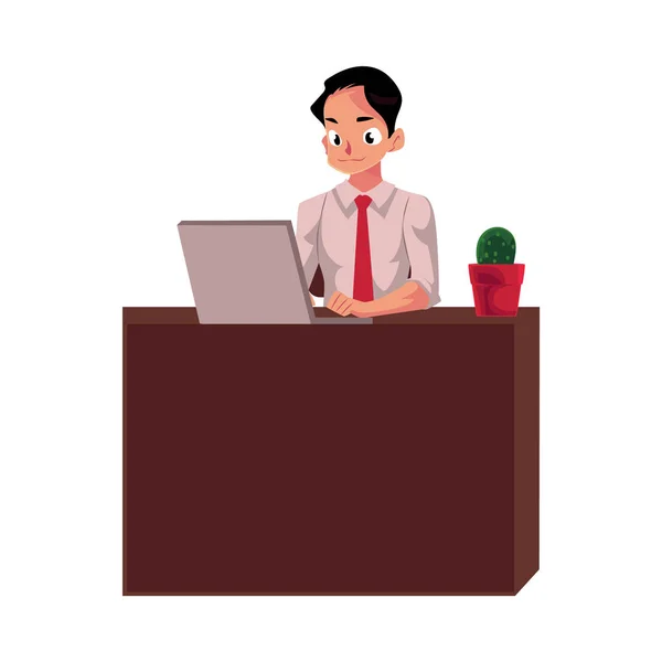 Empresário trabalhando no computador, sentado no escritório, olhando para o monitor —  Vetores de Stock