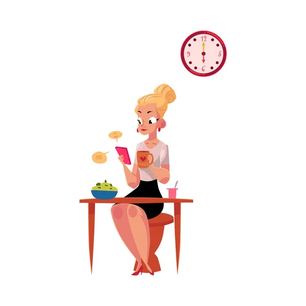 Young businesswoman using smartphone, having breakfast, drinking coffee before work — Stock Vector