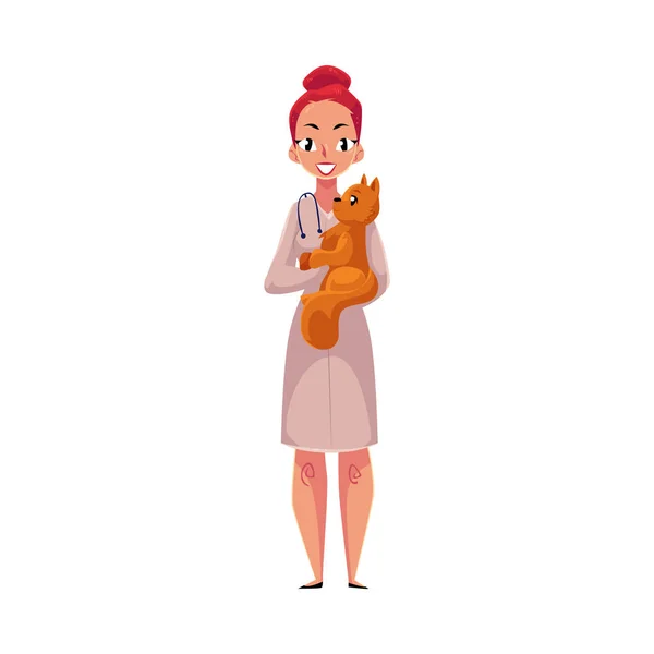 Kadın, kadın Veteriner Doktor, veteriner tıbbi kat holding kedi — Stok Vektör