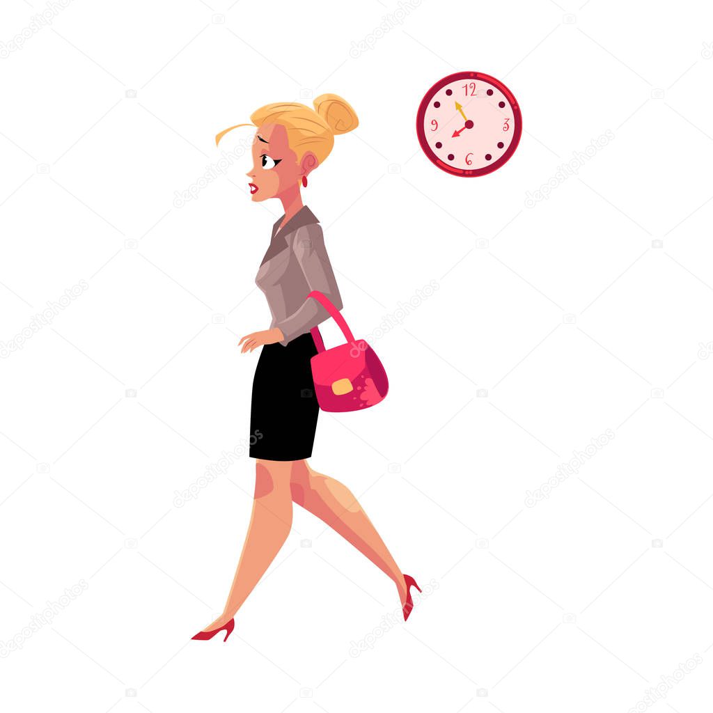 Young blond businesswoman hurrying, being late to work, feeling nervous
