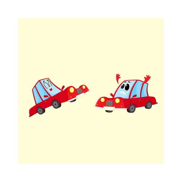 Two red car characters, one dismayed and despaired, another laughing — Stock Vector