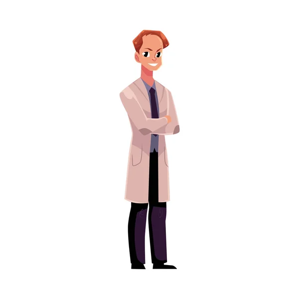 Мужчина, врач в медицинском пальто, стоящий со сложенными руками — стоковый вектор