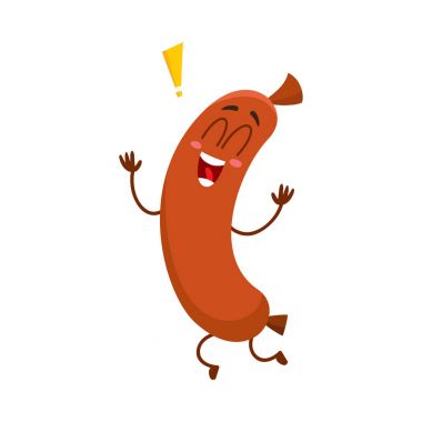 Funny sausage character with human face running, jumping excitedly clipart