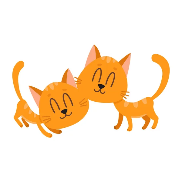 Two cute and funny sweet red cat characters cuddling each other — Stock Vector